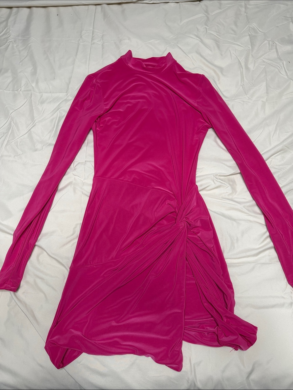 Backless Fuchsia Long-Sleeve Knot Detail Dress